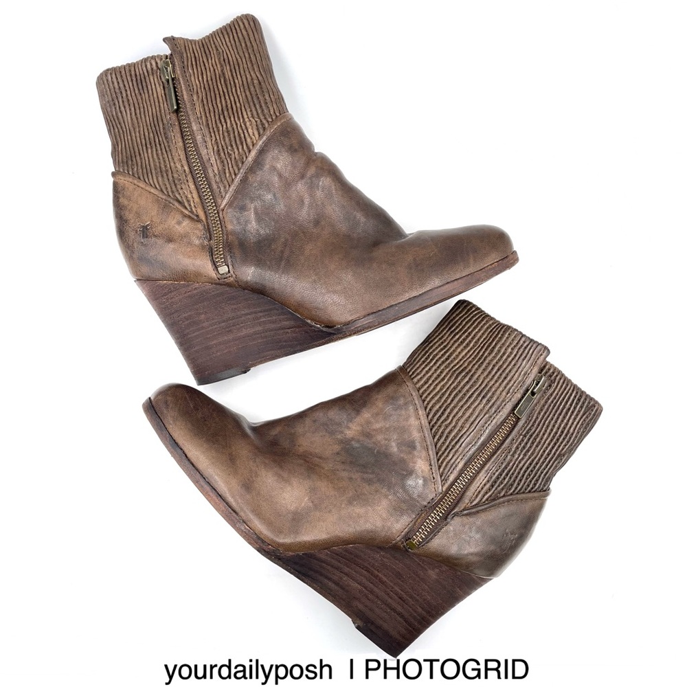 Frye distressed brown leather Corby Side Zip wedge heel ankle boots US 8.5